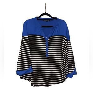 Ashley Blue Half Button Horizontal Striped Blouse - Blue/Black/White - Size 3XL